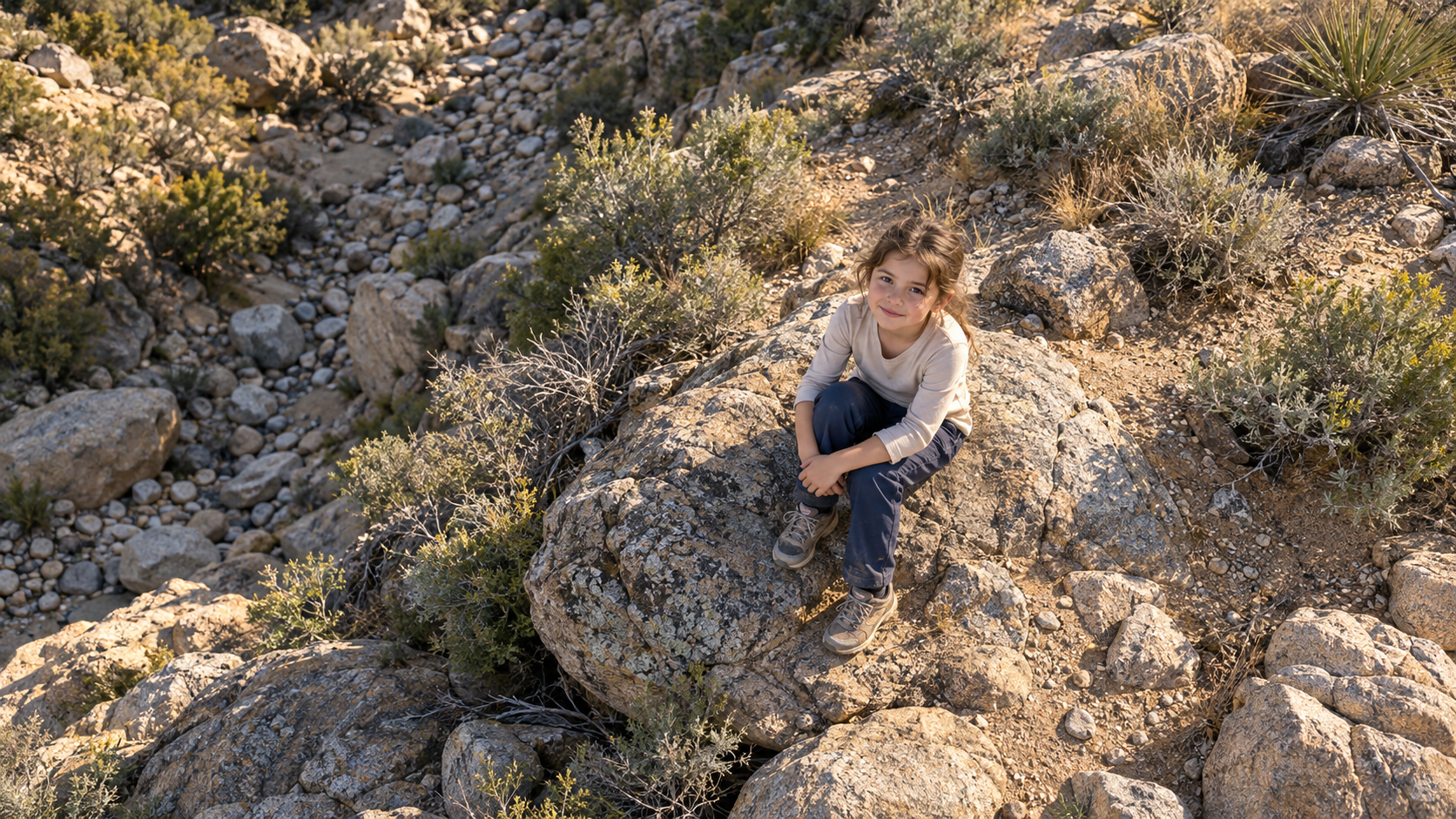 Illustrative photorealistic rescue scene: a girl in a beige shirt sitting safely on a rock in desert scrubland